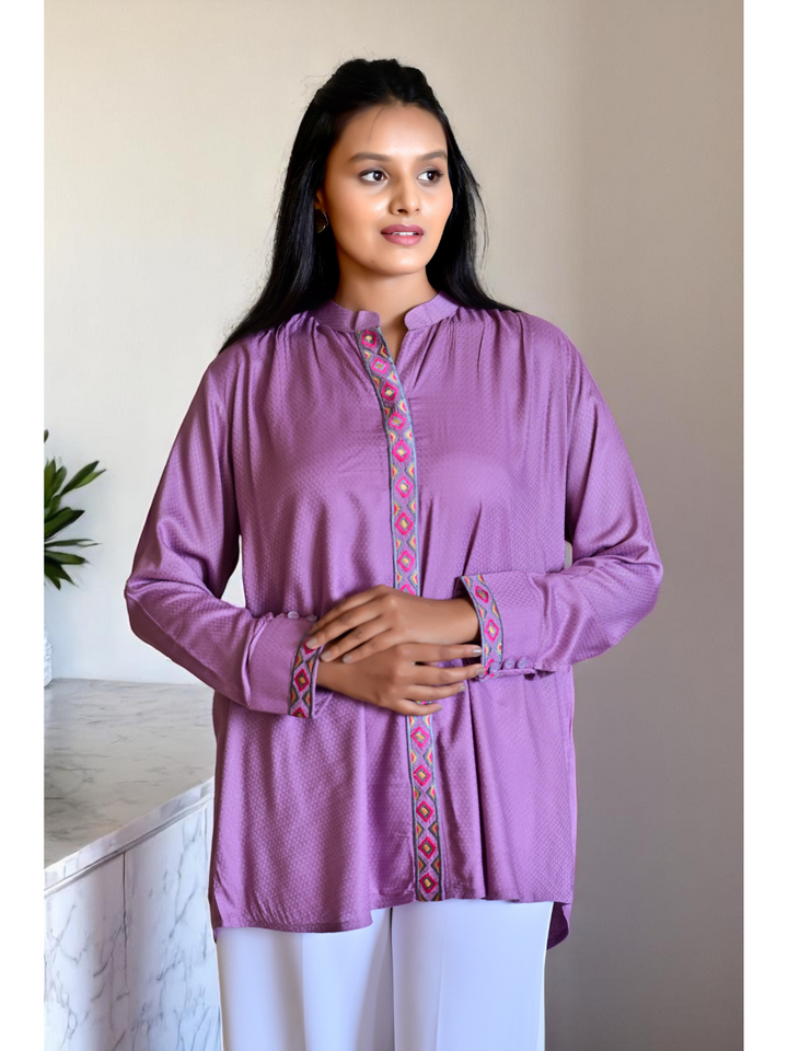 Mauve Embroidered Elegance Shirt, purple shirt, embroidered shirt, lavender shirt, viscose shirts
