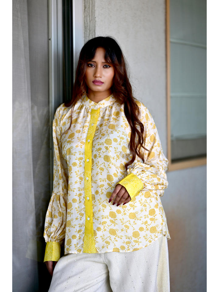  Ivory Sunshine Muslin Shirt, muslin fabric shirt, off-white shirts shirts, printed shirts, indowestern shirts, modern ethnic shirts, office wear shits