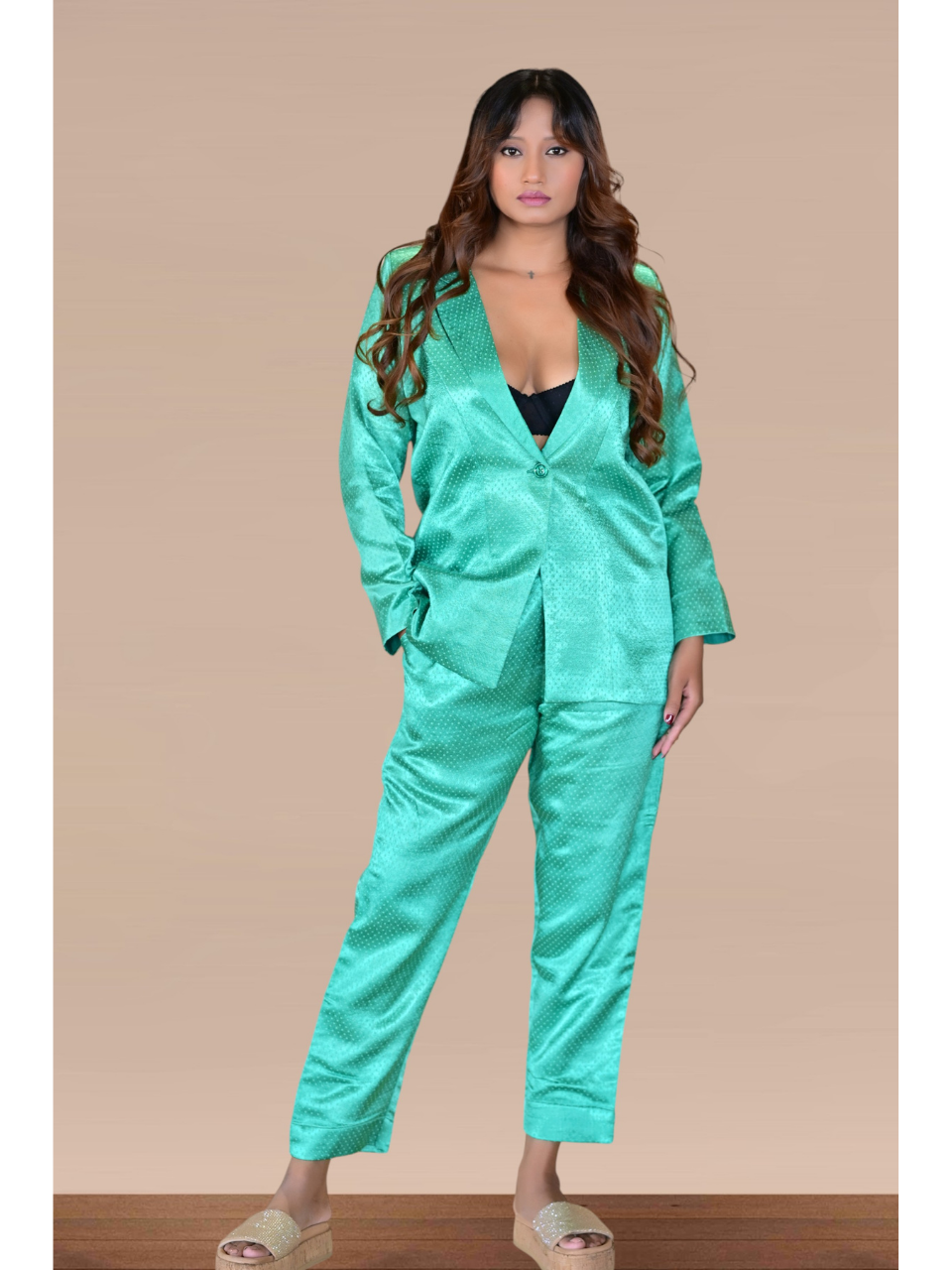 Mashru Silk Blazer Set, silk co ord set, green co-ord set, party co-ord sets