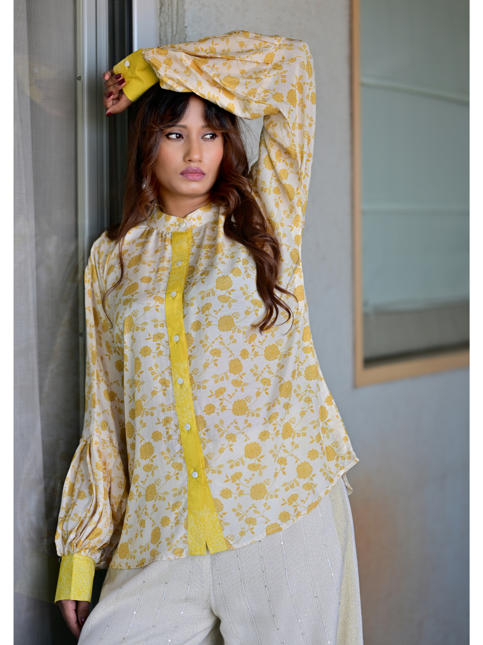  Ivory Sunshine Muslin Shirt, muslin fabric shirt, off-white shirts shirts, printed shirts, indowestern shirts, modern ethnic shirts, office wear shits