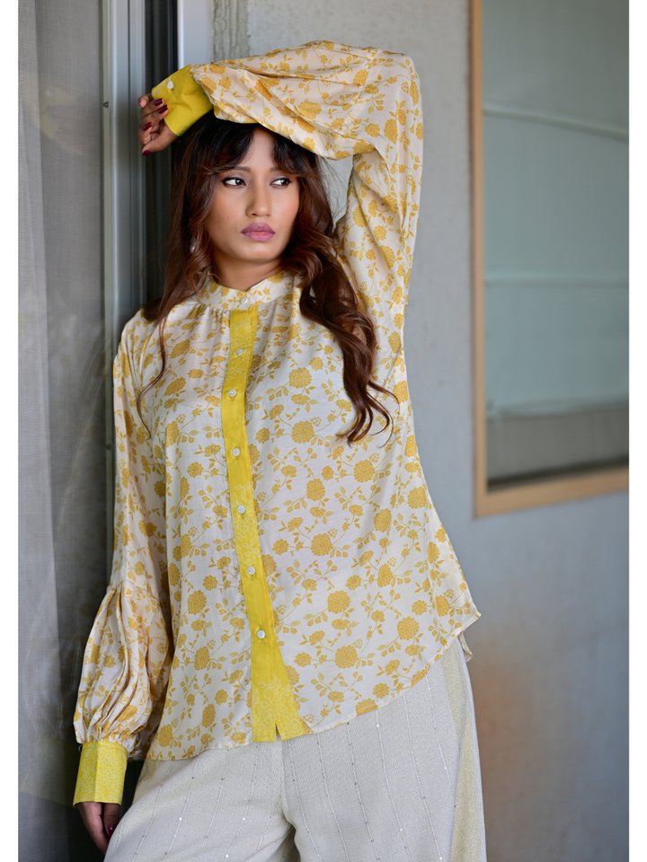  Ivory Sunshine Muslin Shirt, muslin fabric shirt, off-white shirts shirts, printed shirts, indowestern shirts, modern ethnic shirts, office wear shits