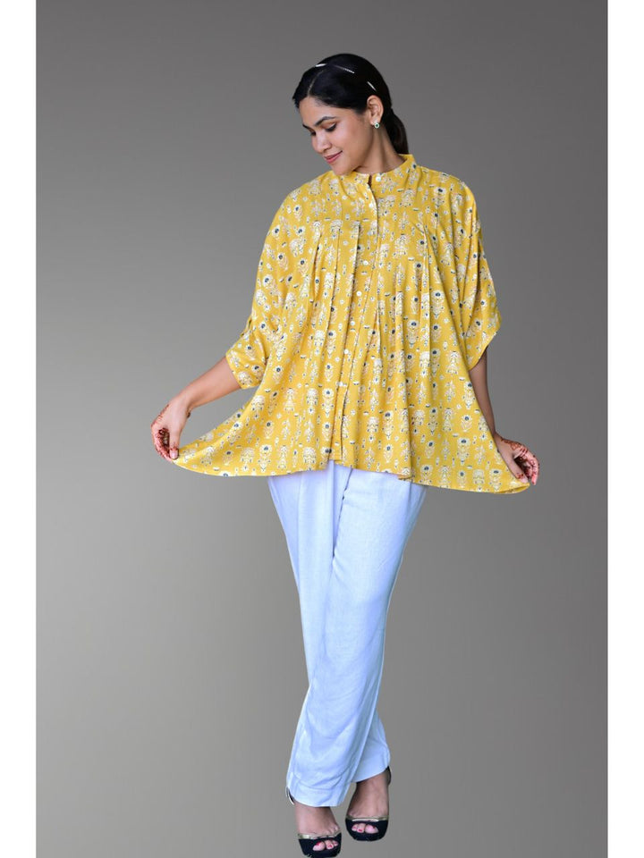  Floral Sunshine Light Shirt Top, rayon shirt, yellow shirts, printed shirts indowestern shirts, modern ethnic shirts, office wear shits
