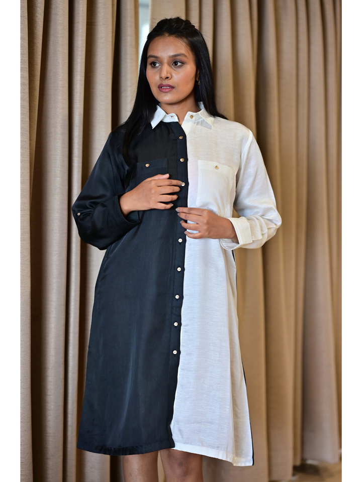  Monochrome Aura Shirt– Flow with Structure, linen satin shirt, black & white shirts, long shirts
