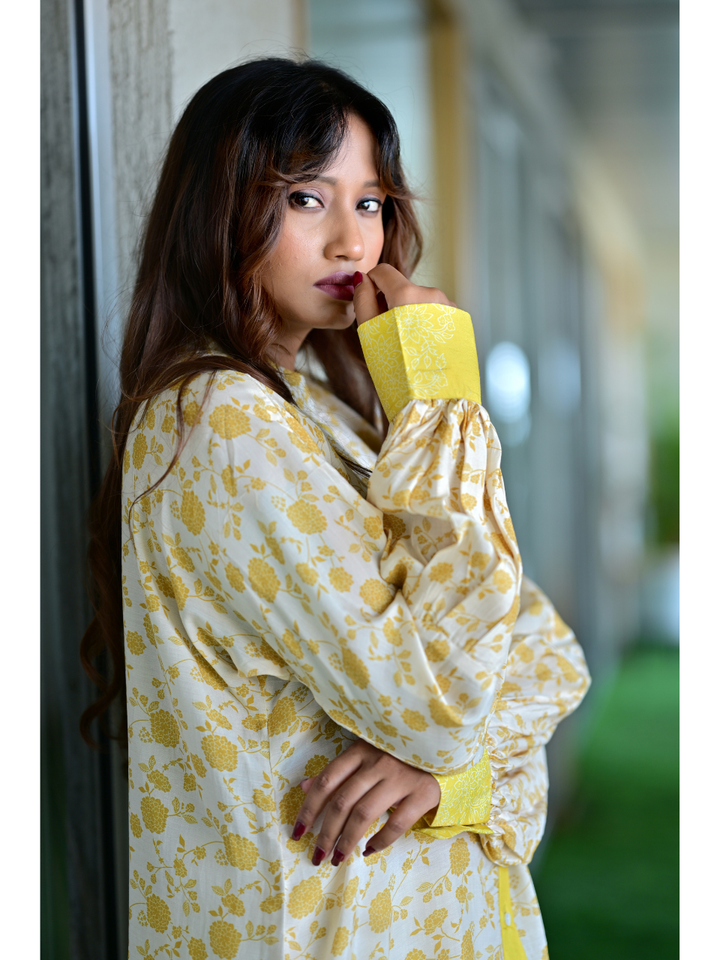  Ivory Sunshine Muslin Shirt, muslin fabric shirt, off-white shirts shirts, printed shirts, indowestern shirts, modern ethnic shirts, office wear shits