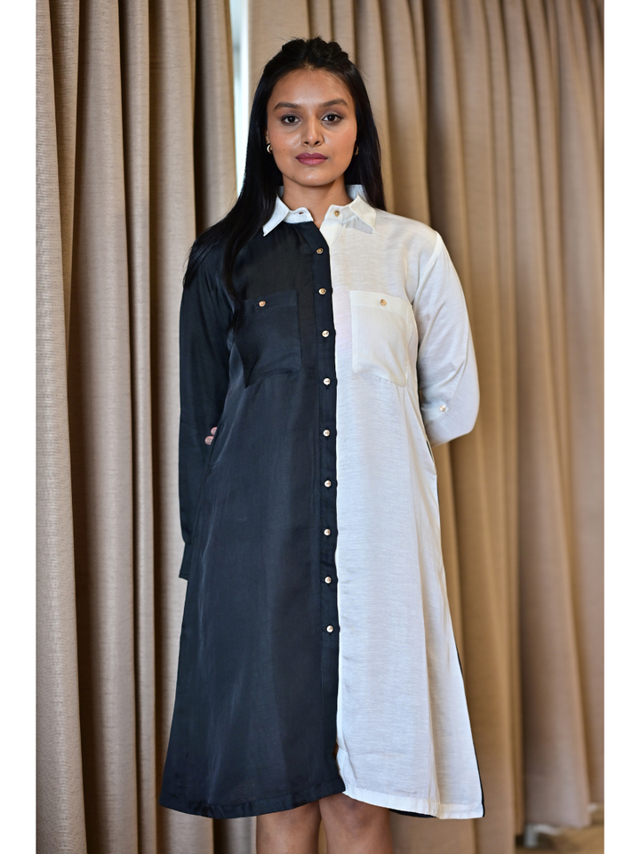  Monochrome Aura Shirt– Flow with Structure, linen satin shirt, black & white shirts, long shirts
