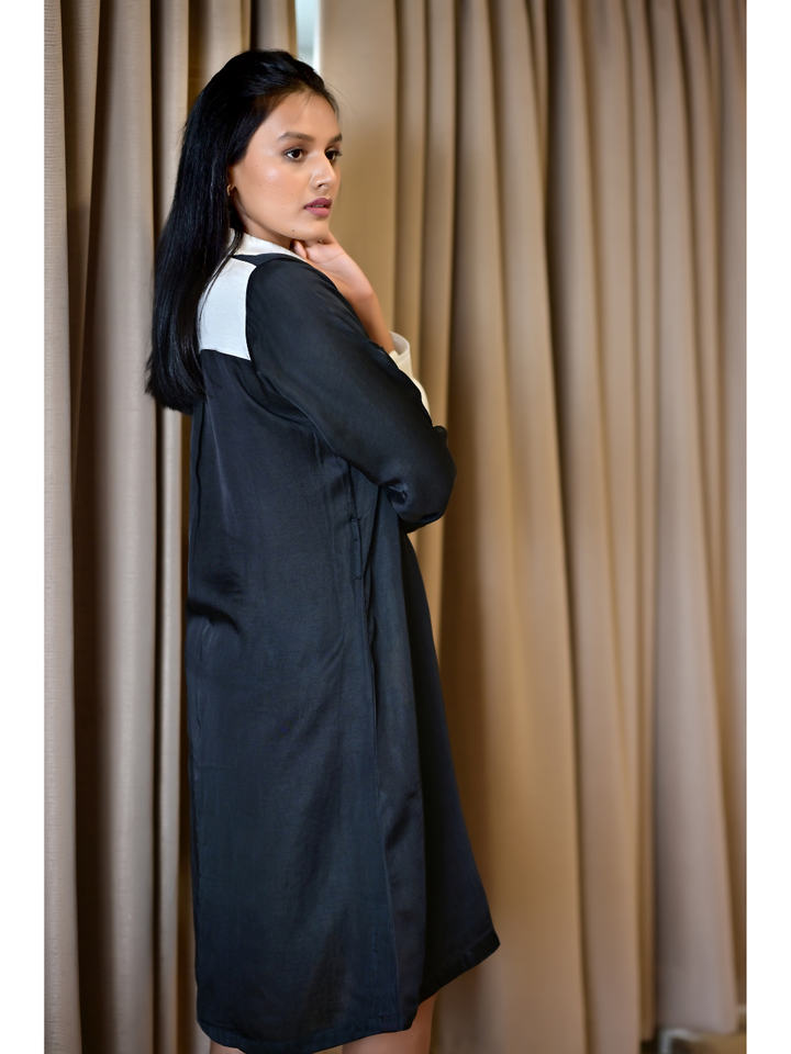  Monochrome Aura Shirt– Flow with Structure, linen satin shirt, black & white shirts, long shirts
