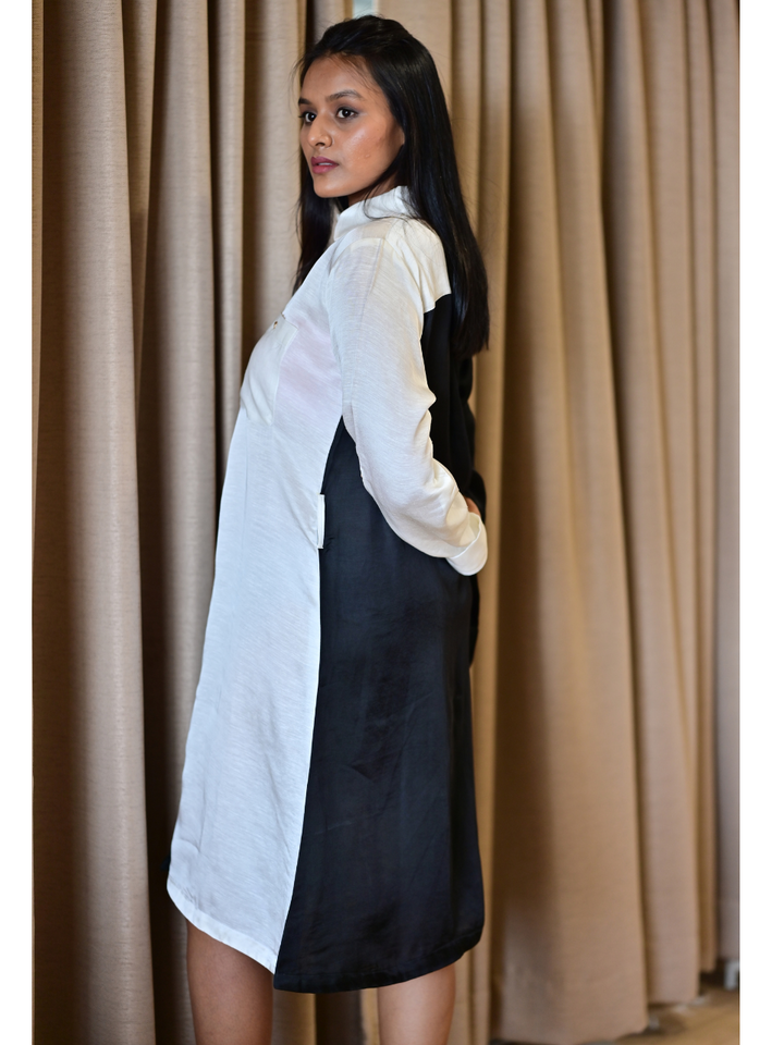  Monochrome Aura Shirt– Flow with Structure, linen satin shirt, black & white shirts, long shirts
