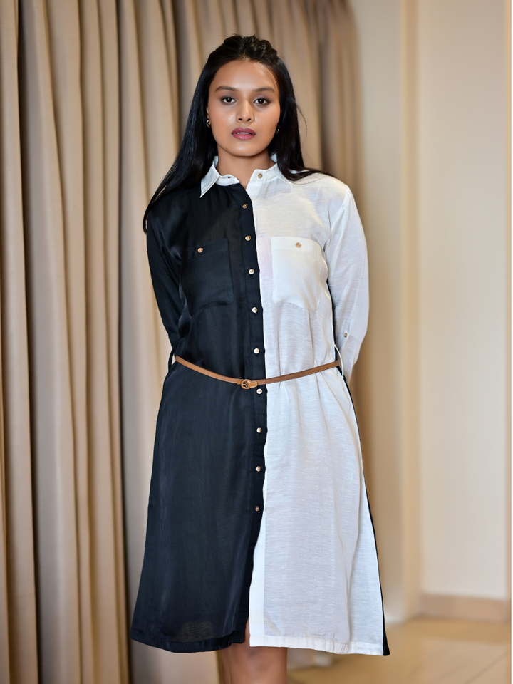  Monochrome Aura Shirt– Flow with Structure, linen satin shirt, black & white shirts, long shirts
