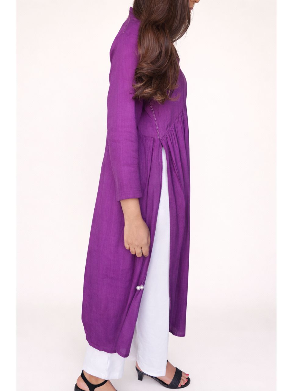 Purple Cotton Linen Side String Kurti, cotton linen kurti, purple kurti, long kurti, side string kurti