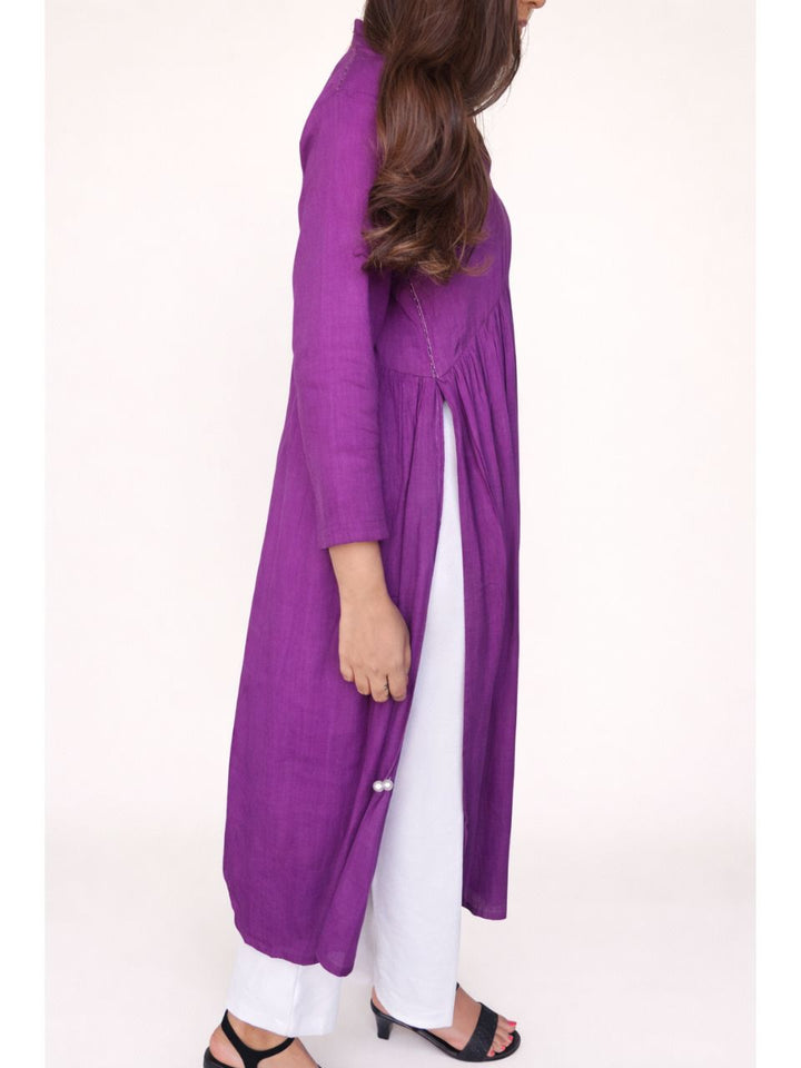 Purple Cotton Linen Side String Kurti, cotton linen kurti, purple kurti, long kurti, side string kurti