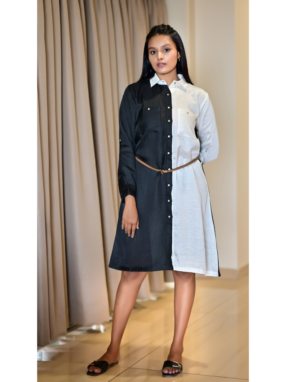 Monochrome Aura Shirt– Flow with Structure, linen satin shirt, black & white shirts, long shirts
