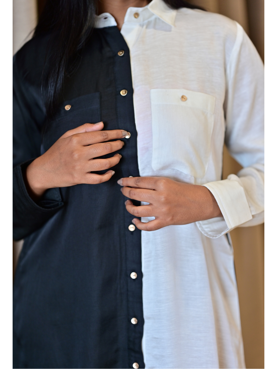  Monochrome Aura Shirt– Flow with Structure, linen satin shirt, black & white shirts, long shirts
