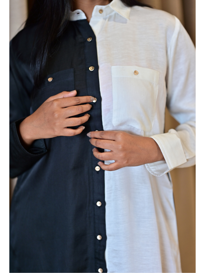  Monochrome Aura Shirt– Flow with Structure, linen satin shirt, black & white shirts, long shirts
