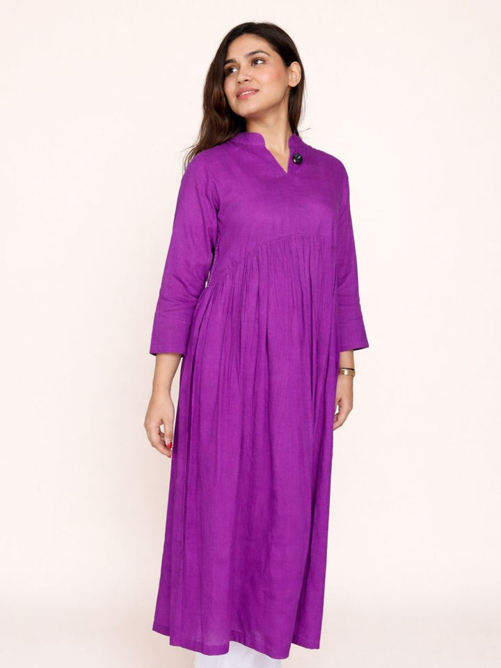 Purple Cotton Linen Side String Kurti, cotton linen kurti, purple kurti, long kurti, side string kurti