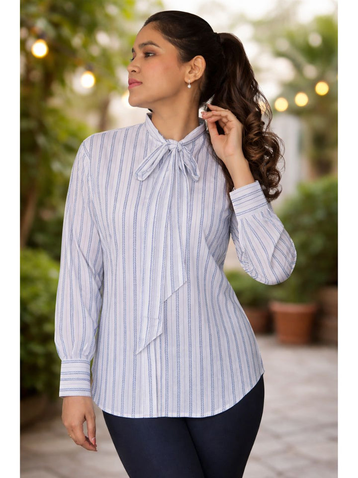 Rhythm Black And White Bow Top Shirt, cotton shirt, black and white shirts, bow shirts, indo-western shirts, modern ethnic shirts, office wear shirts