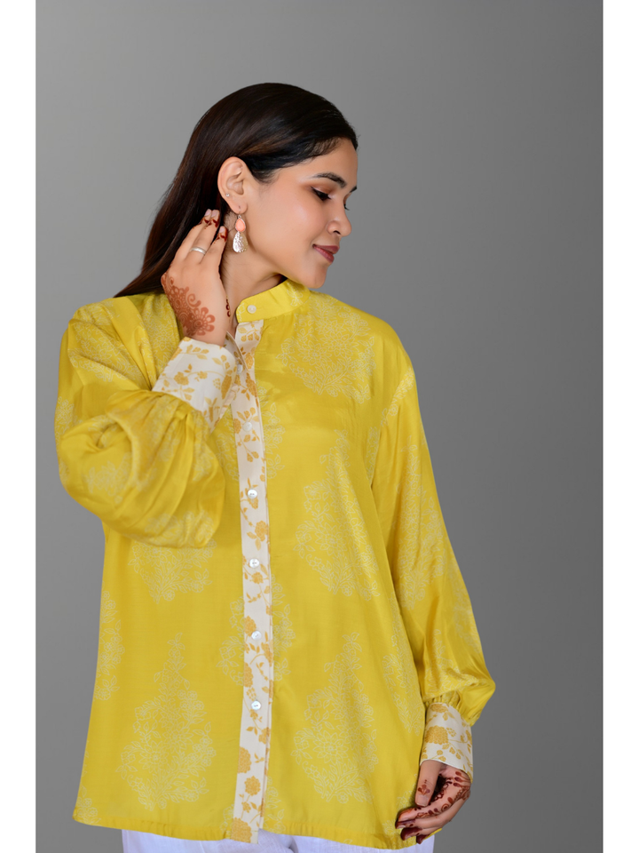 Yellow Muslin Meadow Shirt, muslin fabric shirt, printed shirts, indowestern shirts, modern ethnic shirts, office wear shits
