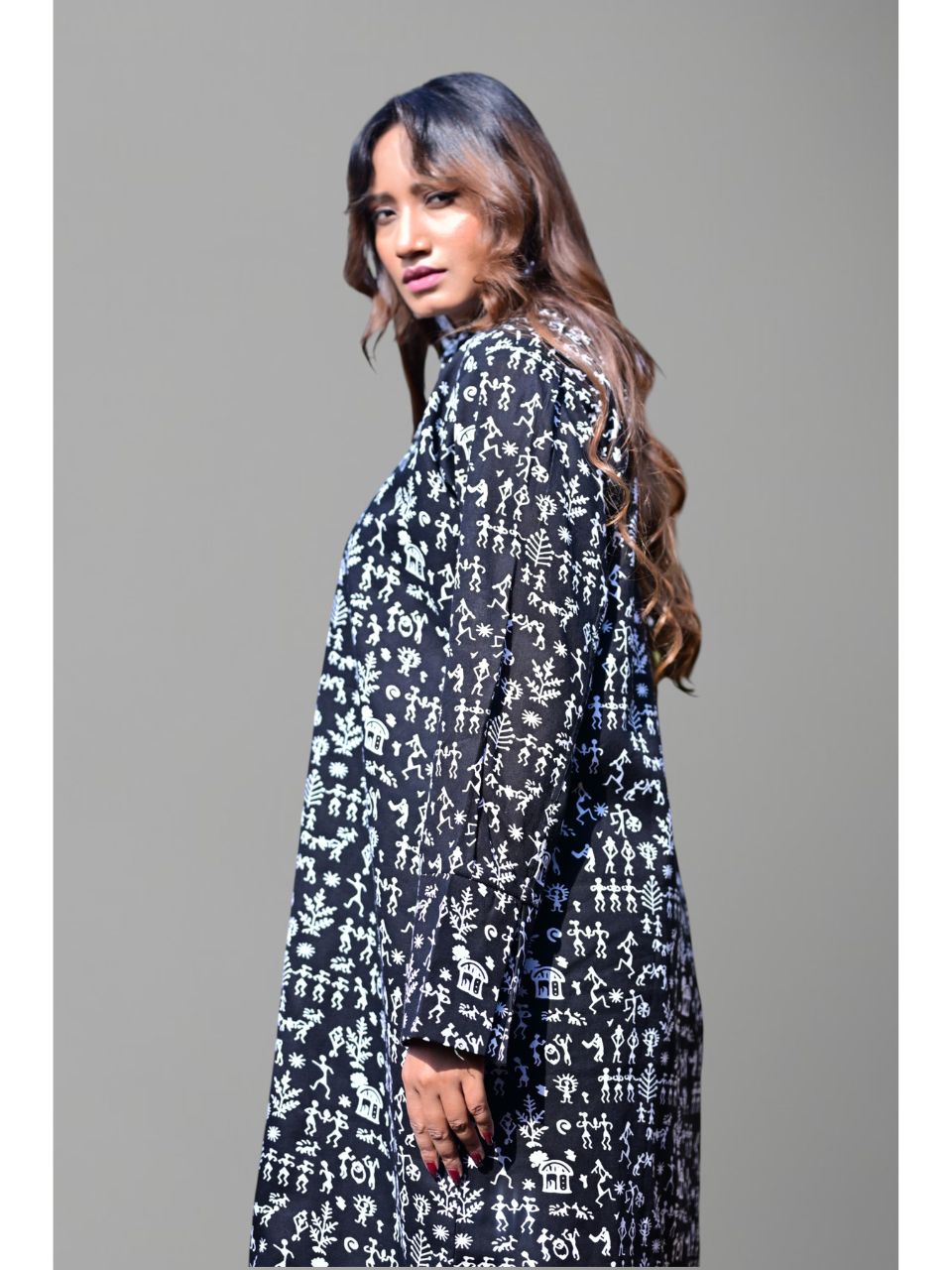  Black Worli Charm Set, cotton co ord set, black co-ord set, indowestern set, modern ethnic, printed sets, black & white set
