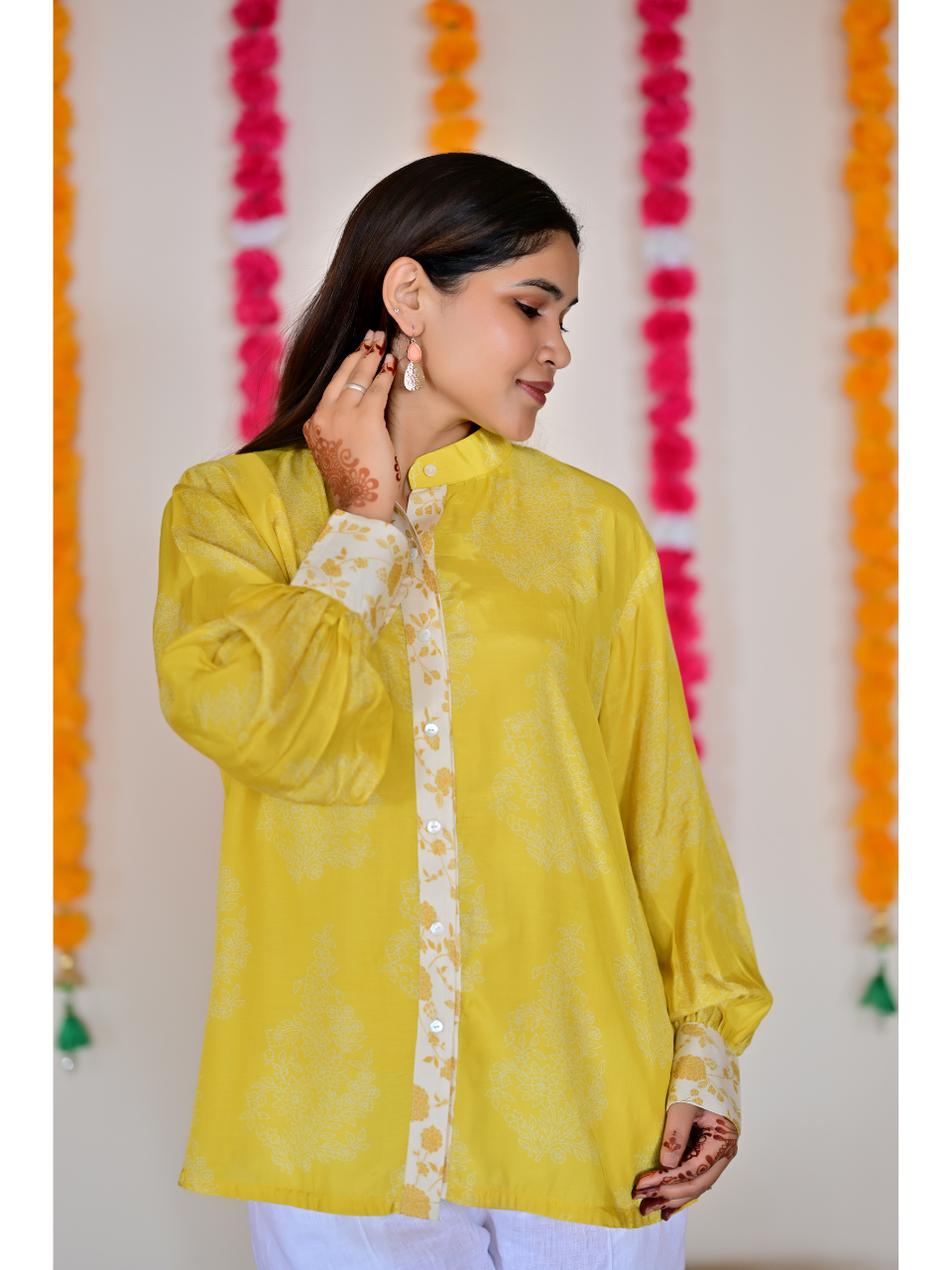 Yellow Muslin Meadow Shirt, muslin fabric shirt, printed shirts,
indowestern shirts, modern ethnic shirts, office wear shits