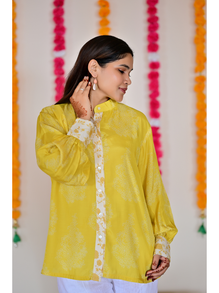 Yellow Muslin Meadow Shirt, muslin fabric shirt, printed shirts,
indowestern shirts, modern ethnic shirts, office wear shits
