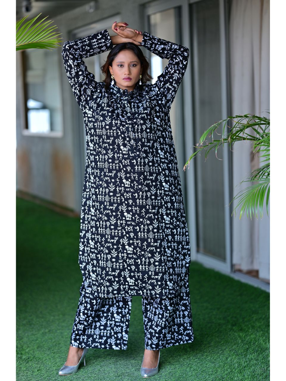  Black Worli Charm Set, cotton co ord set, black co-ord set, indowestern set, modern ethnic, printed sets, black & white set
