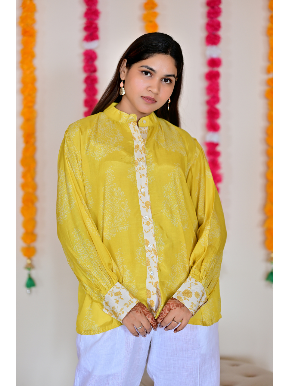 Yellow Muslin Meadow Shirt, muslin fabric shirt, printed shirts, indowestern shirts, modern ethnic shirts, office wear shits
