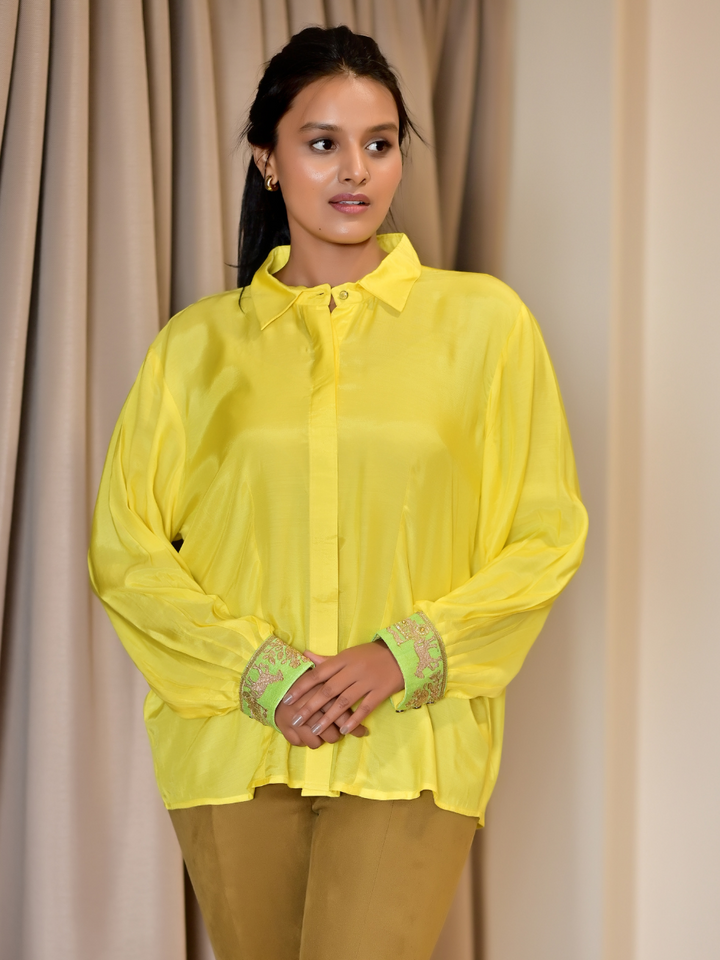Cotton Silk Shirt - With Embroidery, cotton silk shirt, yellow shirts, embroidery shirts