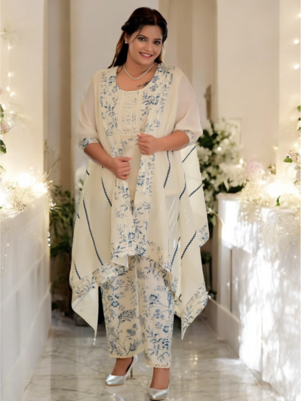 Serene Off-white Co-ord with Shrug, cotton co ord set, three piece set, co-ord with shrug, printed set, white co-ord
