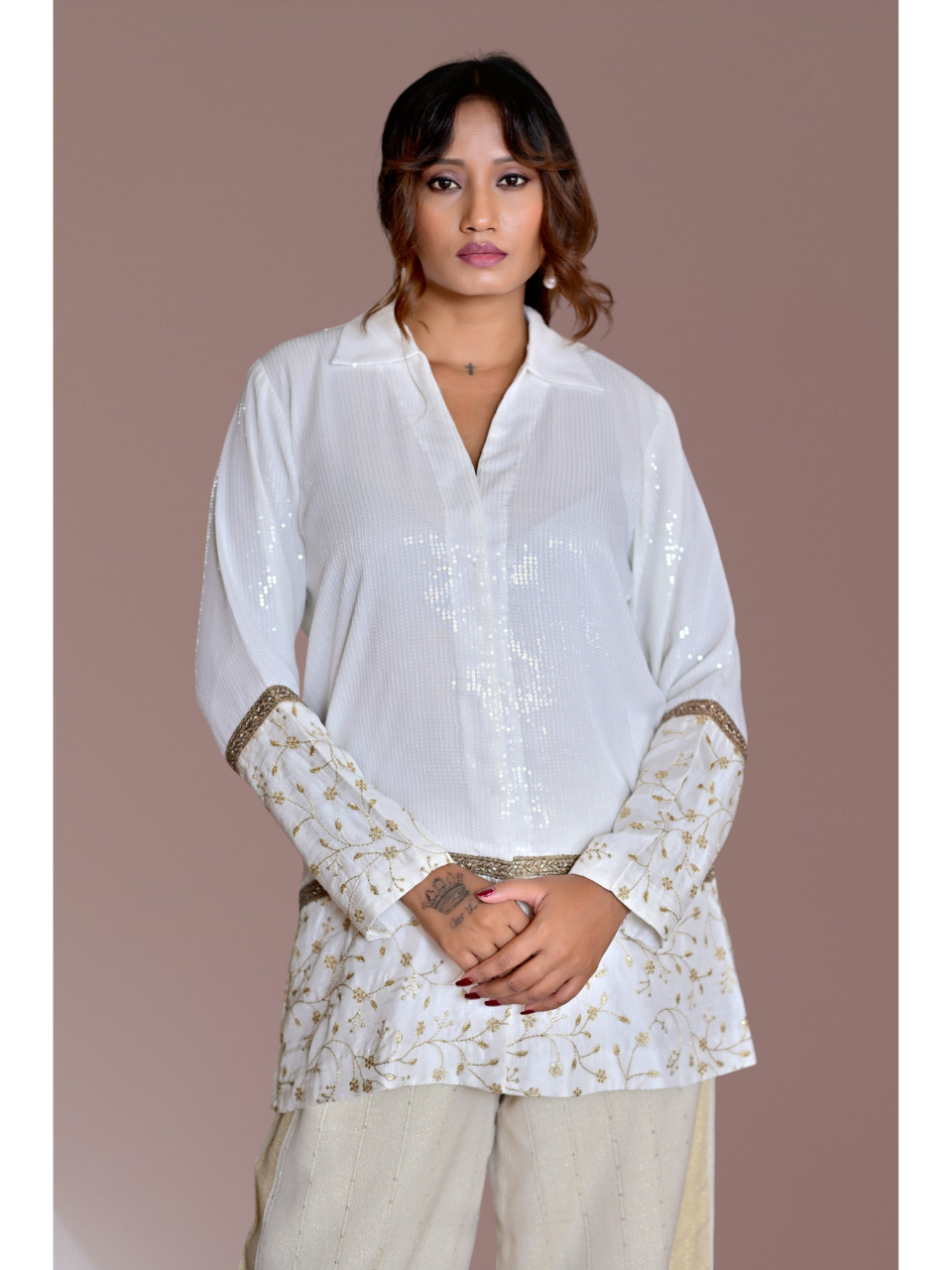 White Sequin Embroidered Shirt, silk shirt, white shirts, partywear shirts, embroidered shirt
