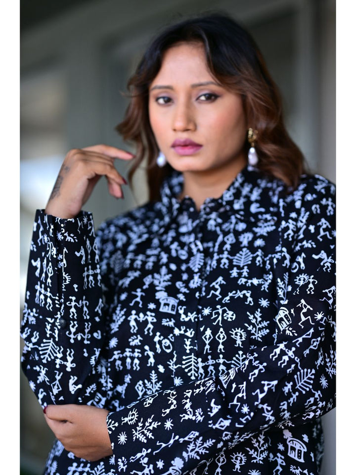  Black Worli Charm Set, cotton co ord set, black co-ord set, indowestern set, modern ethnic, printed sets, black & white set
