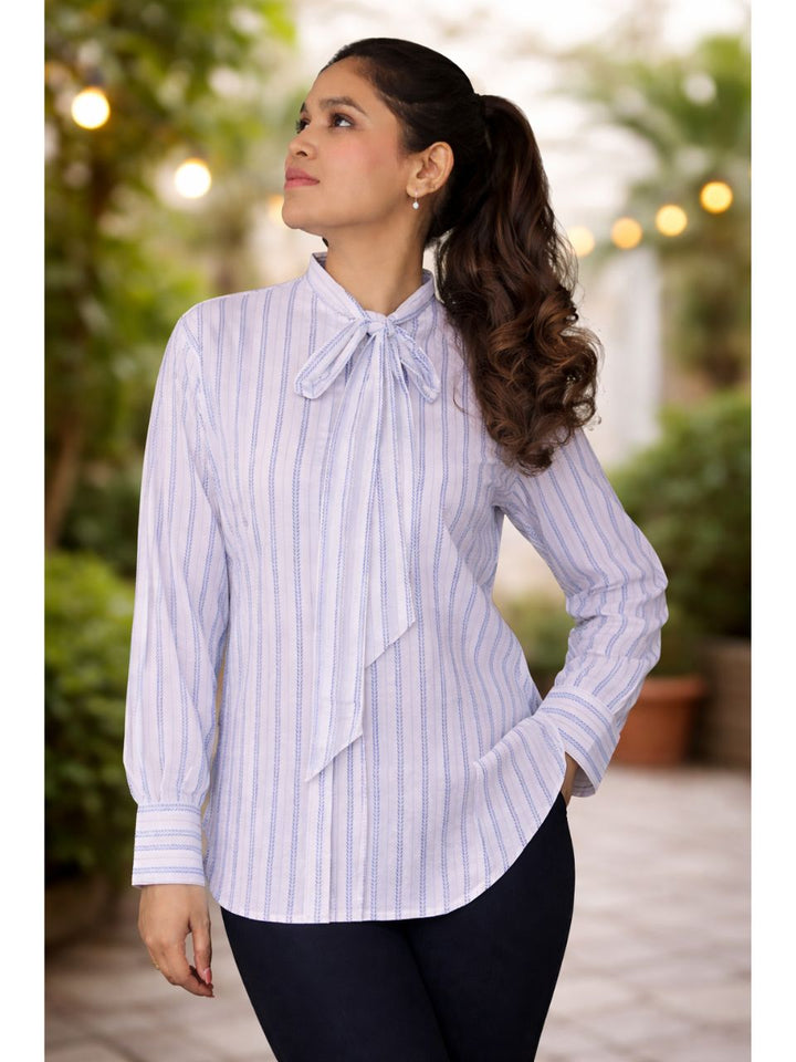 Rhythm Black And White Bow Top Shirt, cotton shirt, black and white shirts, bow shirts, indo-western shirts, modern ethnic shirts, office wear shirts