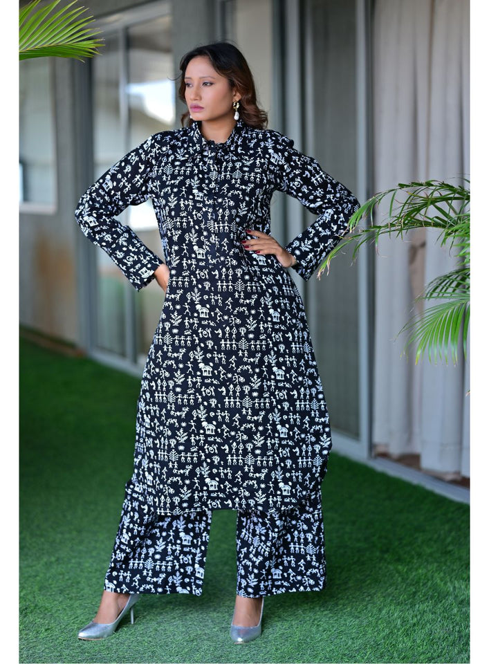  Black Worli Charm Set, cotton co ord set, black co-ord set, indowestern set, modern ethnic, printed sets, black & white set
