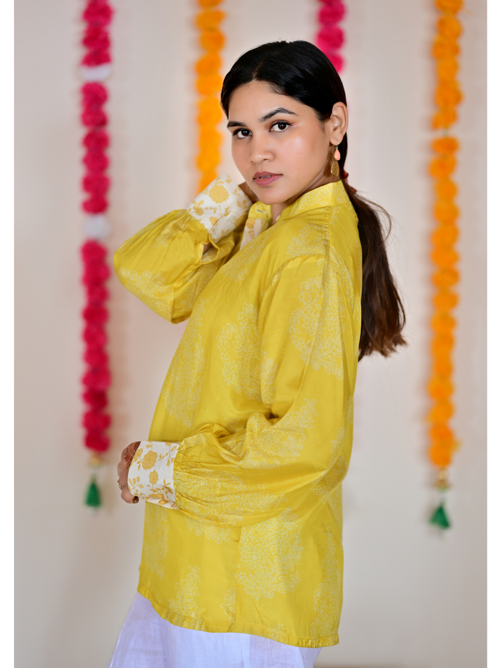 Yellow Muslin Meadow Shirt, muslin fabric shirt, printed shirts, indowestern shirts, modern ethnic shirts, office wear shits
