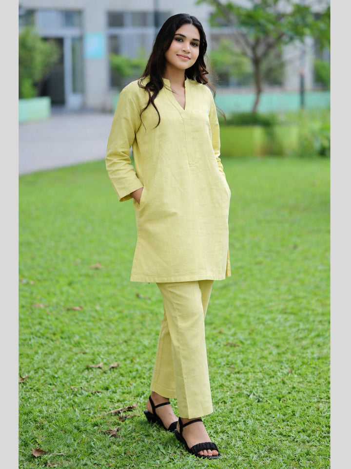 Lemon Yellow A Linen Co-ord Set, cotton linen co ord set, yellow co cord set, set with pouch, blue pouch, small bag, matching pouch
