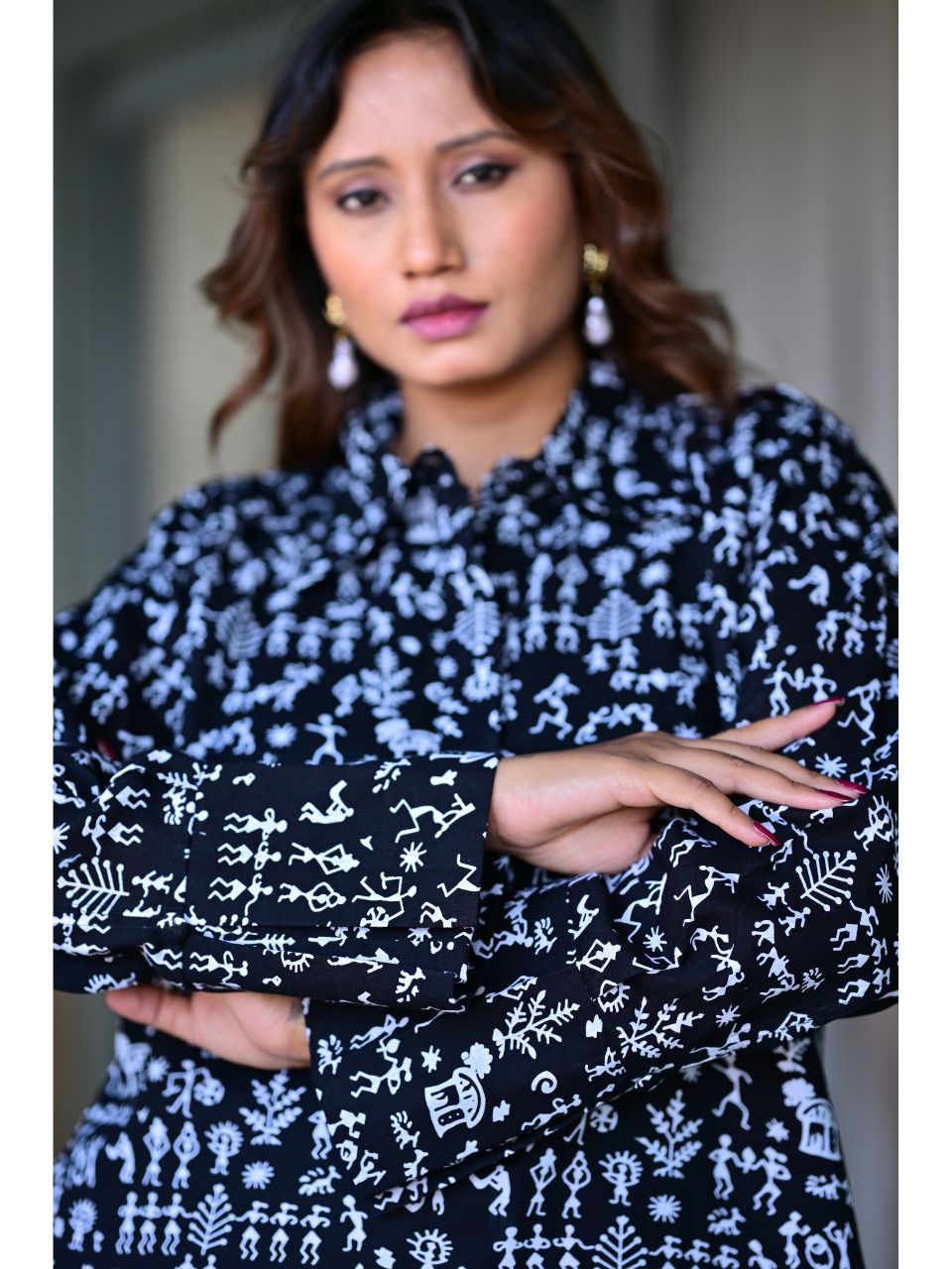  Black Worli Charm Set, cotton co ord set, black co-ord set, indowestern set, modern ethnic, printed sets, black & white set
