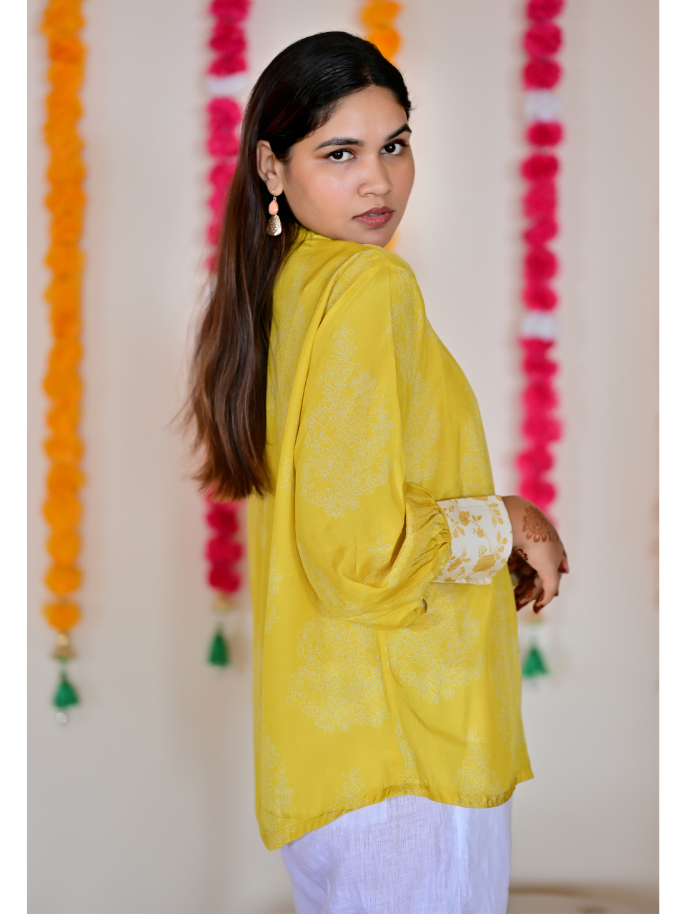 Yellow Muslin Meadow Shirt, muslin fabric shirt, printed shirts, indowestern shirts, modern ethnic shirts, office wear shits
