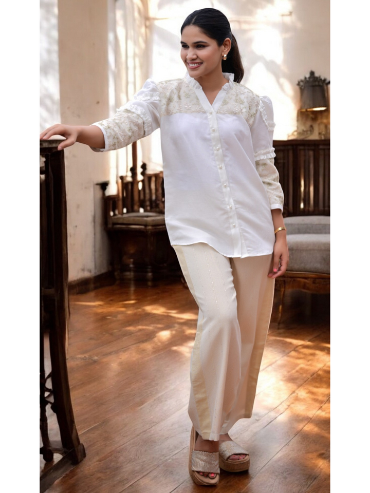 Ivory Gold Dream Linen Shirt, linen shirts, white shirt, net shirts, frill shirts 