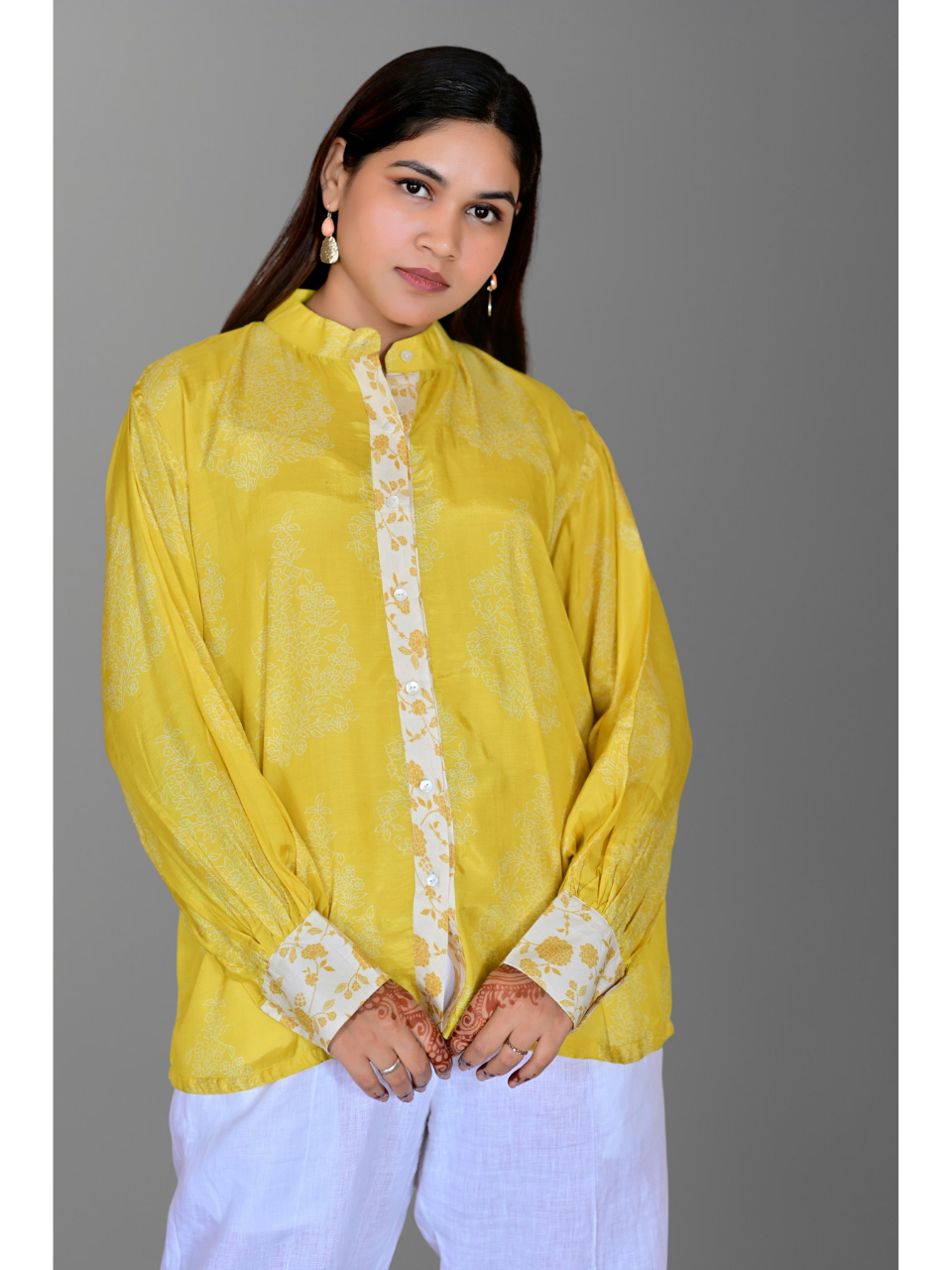 Yellow Muslin Meadow Shirt, muslin fabric shirt, printed shirts, indowestern shirts, modern ethnic shirts, office wear shits
