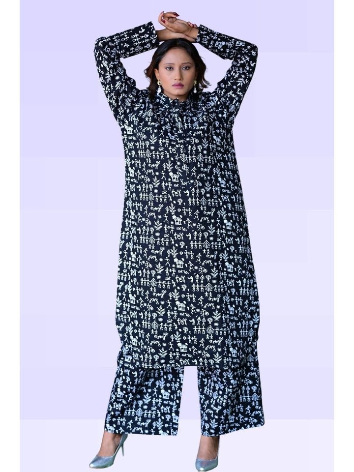  Black Worli Charm Set, cotton co ord set, black co-ord set, indowestern set, modern ethnic, printed sets, black & white set
