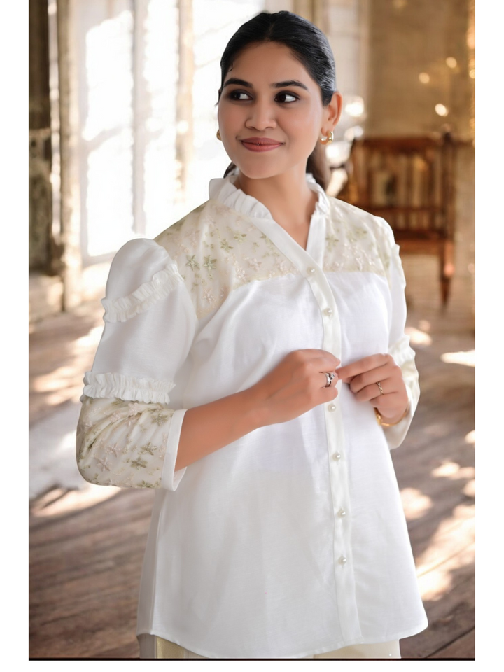 Ivory Gold Dream Linen Shirt, linen shirts, white shirt, net shirts, frill shirts 
