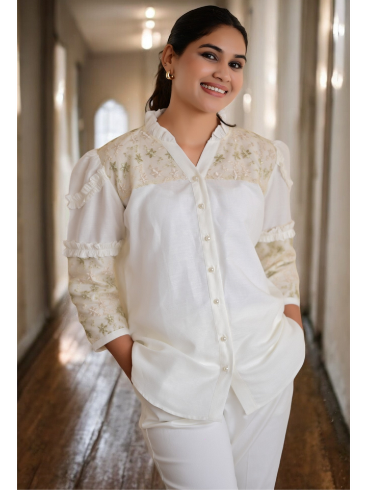 Ivory Gold Dream Linen Shirt, linen shirts, white shirt, net shirts, frill shirts 