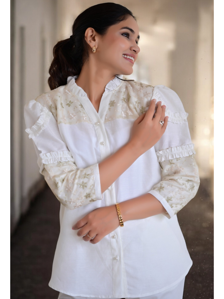 Ivory Gold Dream Linen Shirt, linen shirts, white shirt, net shirts, frill shirts 