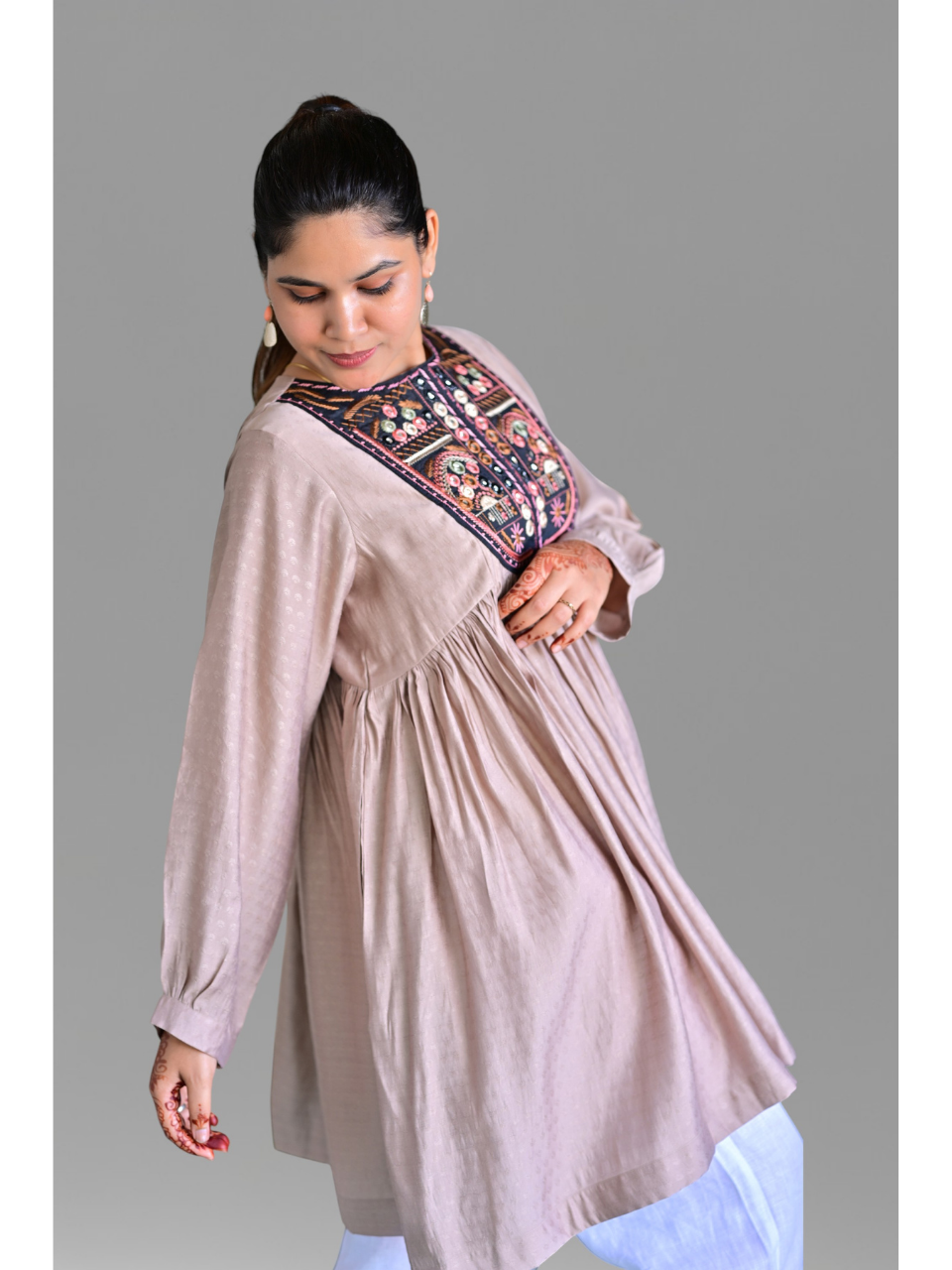 Beige Embroidered Kurti Top, Viscose top, beige tops, stylish kurti, embroidered top, modern ethnic, indo western kurti