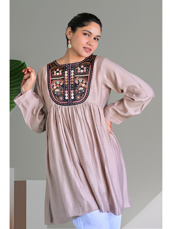 Beige Embroidered Kurti Top, Viscose top, beige tops, stylish kurti, embroidered top, modern ethnic, indo western kurti