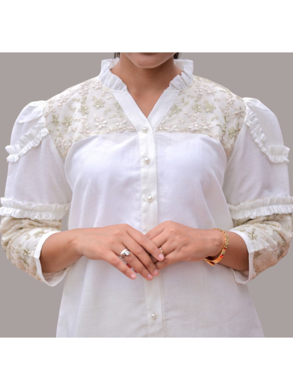 Ivory Gold Dream Linen Shirt, linen shirts, white shirt, net shirts, frill shirts 