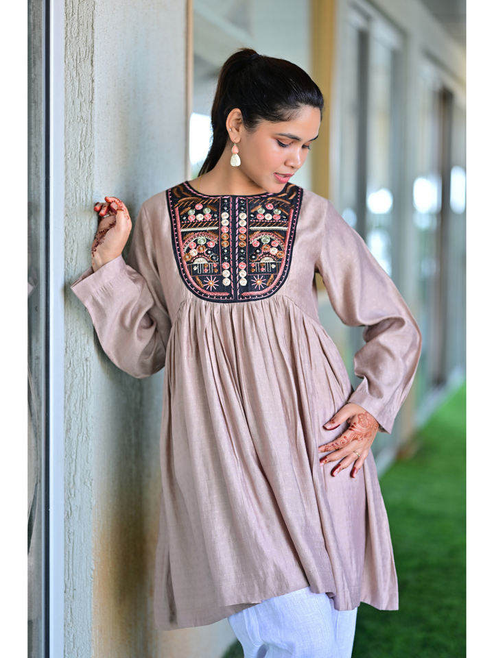 Beige Embroidered Kurti Top, Viscose top, beige tops, stylish kurti, embroidered top, modern ethnic, indo western kurti