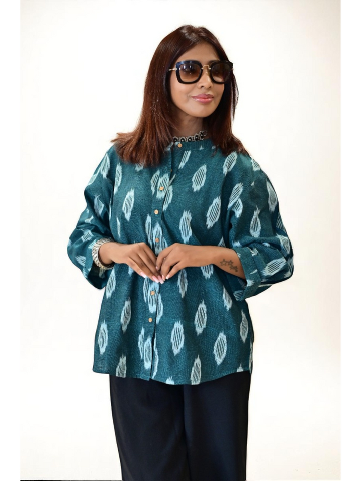 handloom cotton shirts for women, cotton shirt for women, Green Ikat Handloom Cotton Shirt, green shirt, ikat handloom shirts