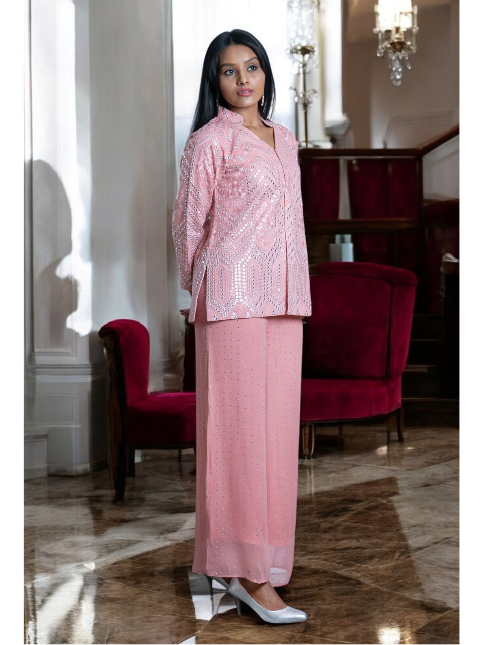  Baby Pink Embroidered Set, chanderi co ord set, white co ord set, party wear co ord, Pongal sale, Lohri sale