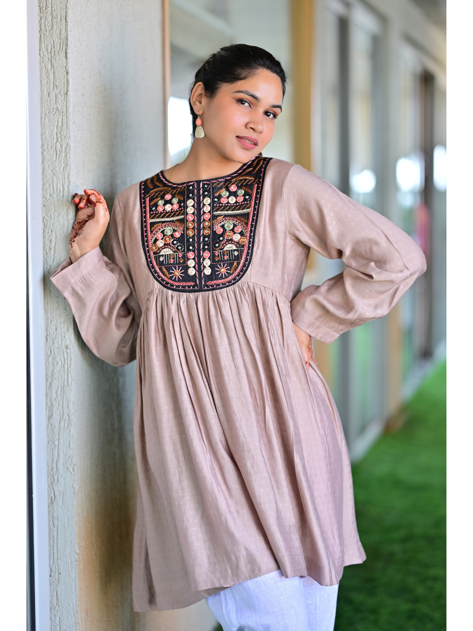 Beige Embroidered Kurti Top, Viscose top, beige tops, stylish kurti, embroidered top, modern ethnic, indo western kurti