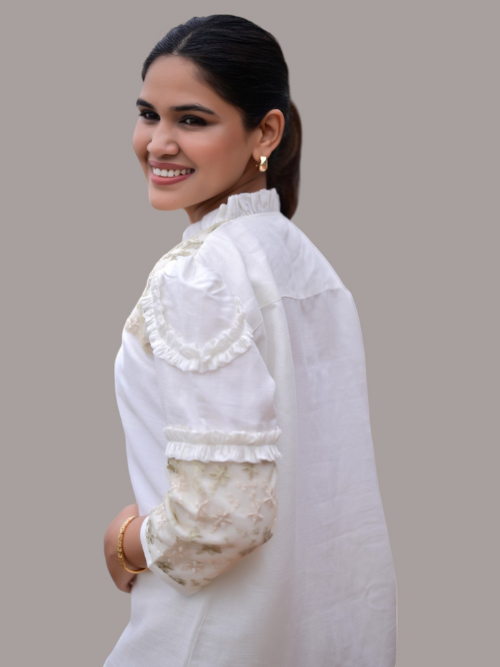 Ivory Gold Dream Linen Shirt, linen shirts, white shirt, net shirts, frill shirts 