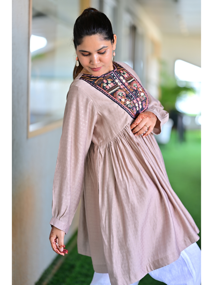 Beige Embroidered Kurti Top, Viscose top, beige tops, stylish kurti, embroidered top, modern ethnic, indo western kurti
